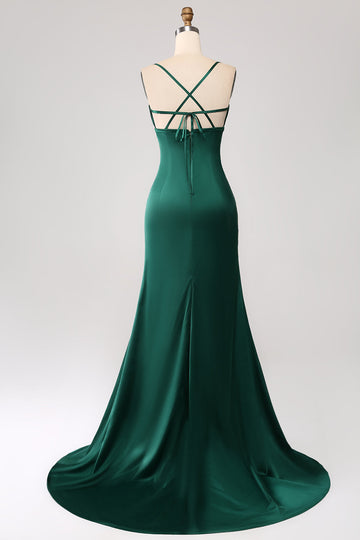 Dark Green Mermaid Spaghetti Straps Satin Prom Dress